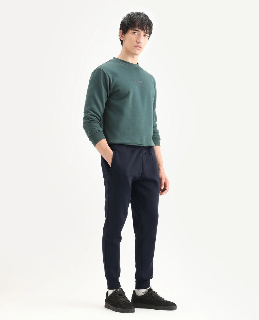 Rare Rabbit Men's Soho Navy Cotton Plain Regular Fit Joggers