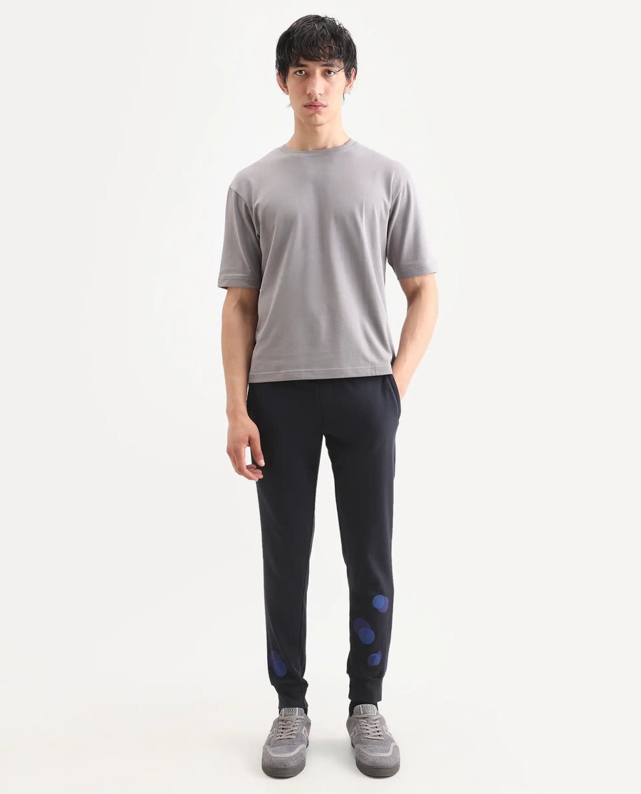 Rare Rabbit Men's Toka Navy Cotton Polka Print Regular Fit Joggers