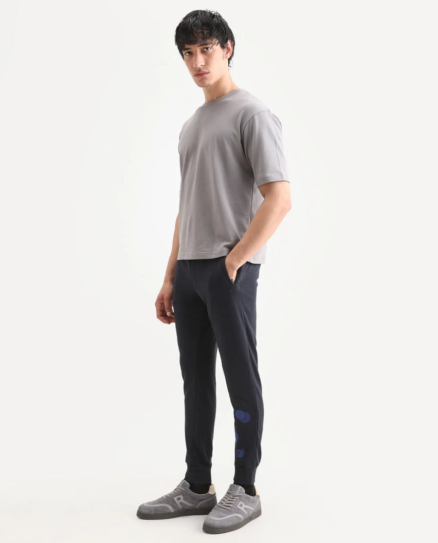 Rare Rabbit Men's Toka Navy Cotton Polka Print Regular Fit Joggers