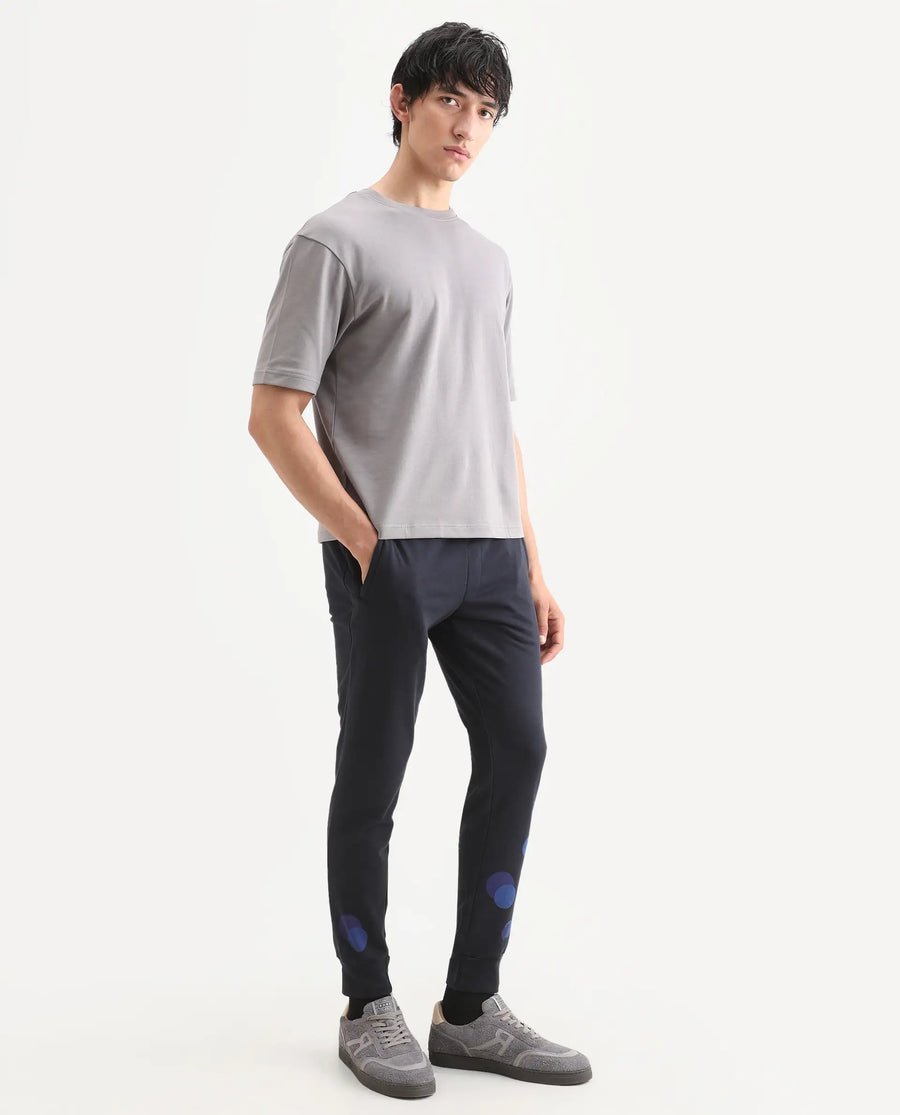 Rare Rabbit Men's Toka Navy Cotton Polka Print Regular Fit Joggers