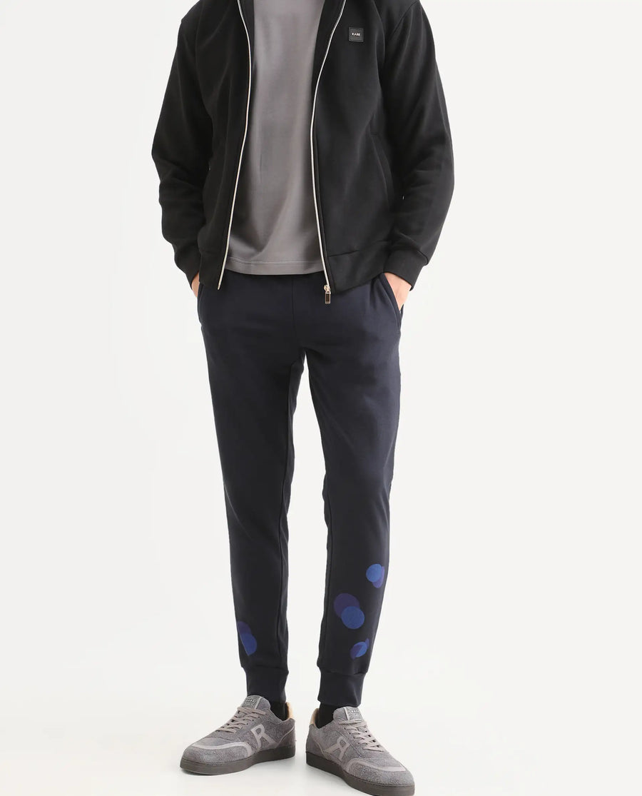 Rare Rabbit Men's Toka Navy Cotton Polka Print Regular Fit Joggers