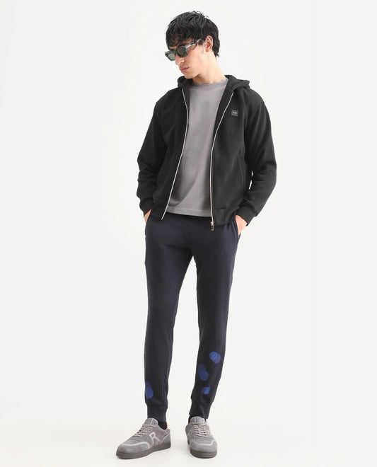 Rare Rabbit Men's Toka Navy Cotton Polka Print Regular Fit Joggers