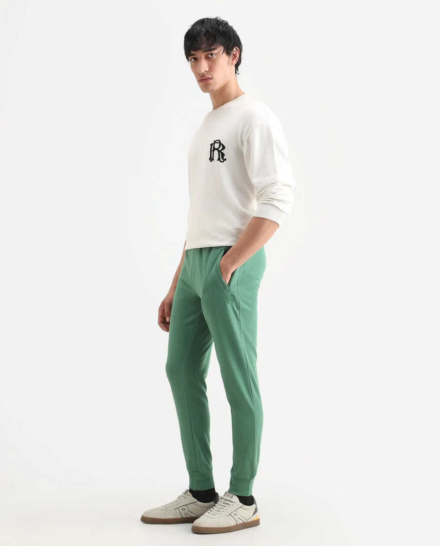 Rare Rabbit Men's Otari Green Cotton Plain Regular Fit Joggers