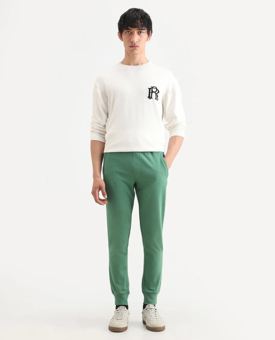 Rare Rabbit Men's Otari Green Cotton Plain Regular Fit Joggers
