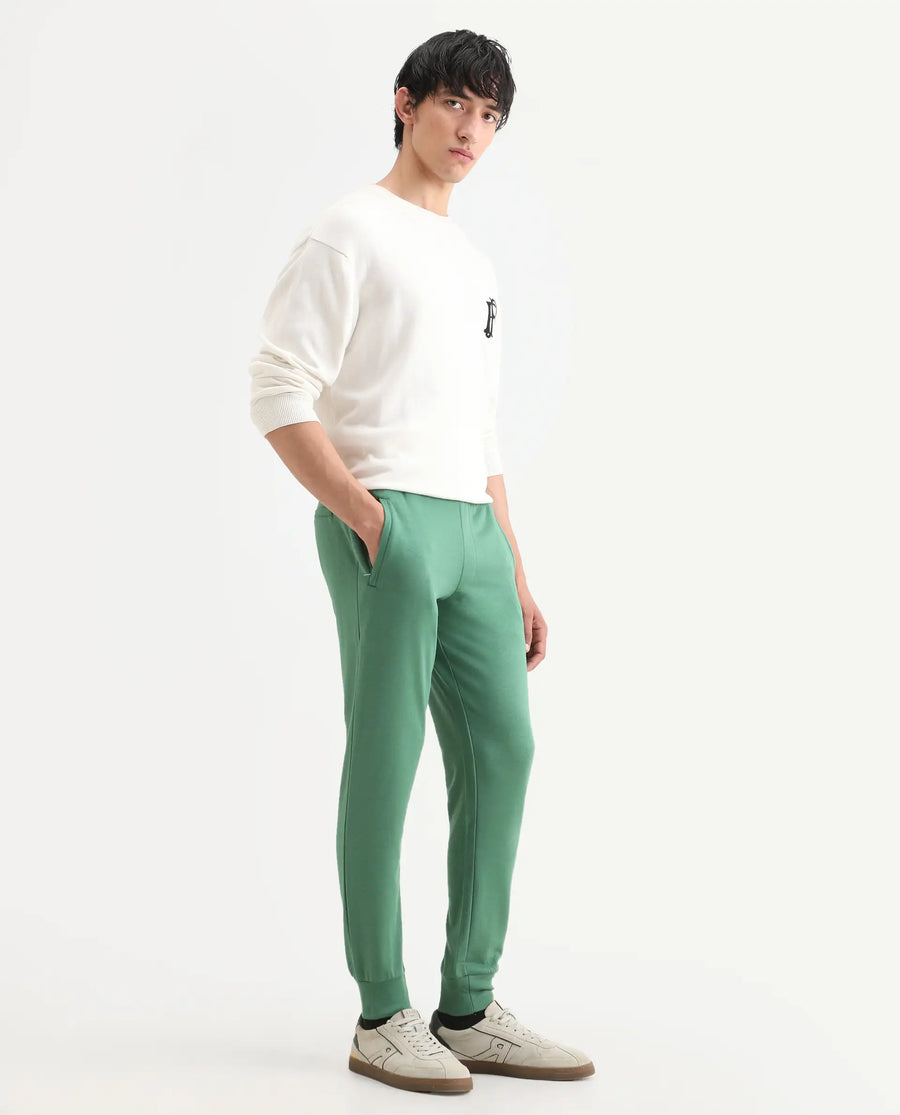 Rare Rabbit Men's Otari Green Cotton Plain Regular Fit Joggers