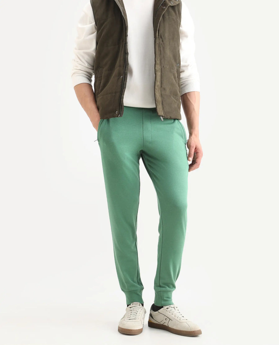 Rare Rabbit Men's Otari Green Cotton Plain Regular Fit Joggers