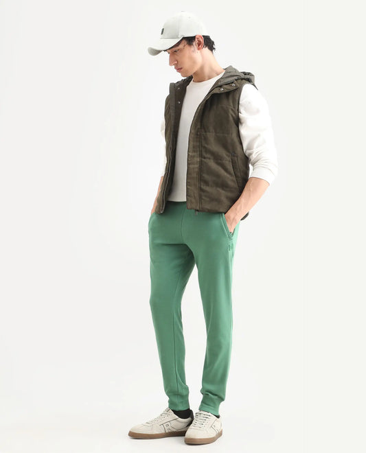 Rare Rabbit Men's Otari Green Cotton Plain Regular Fit Joggers