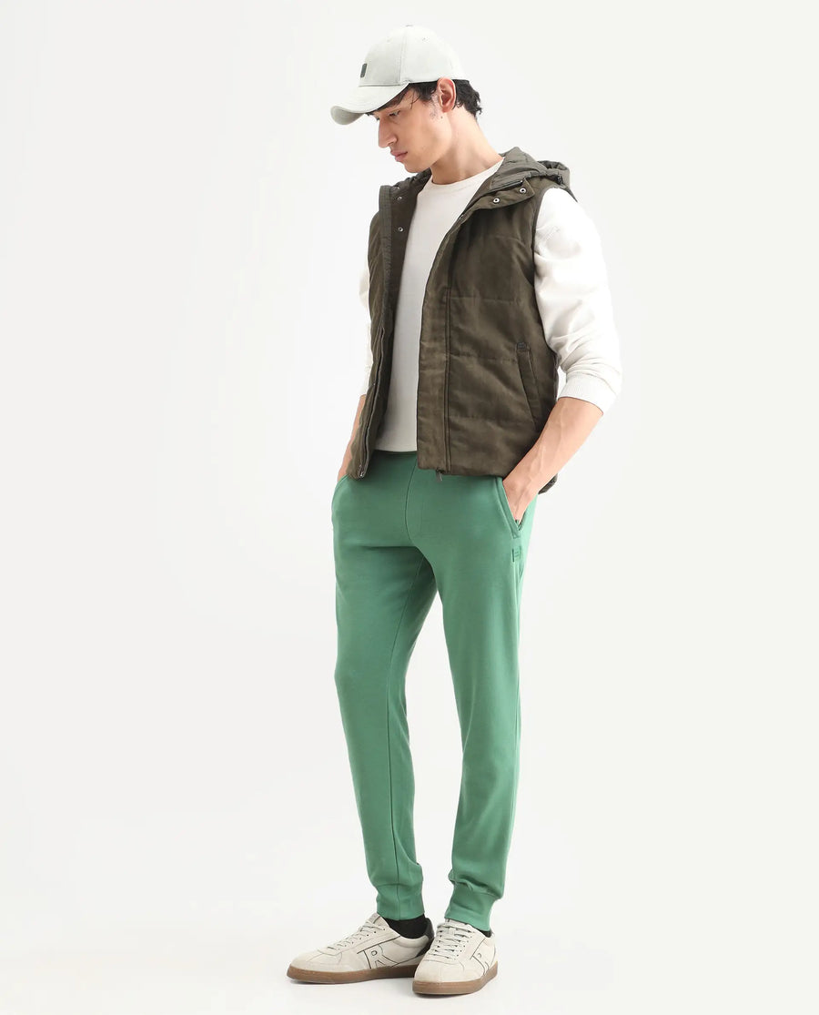 Rare Rabbit Men's Otari Green Cotton Plain Regular Fit Joggers