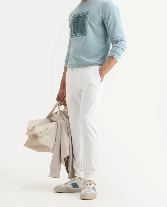 Rare Rabbit Men's Wimble White Cotton Plain Regular Fit Joggers