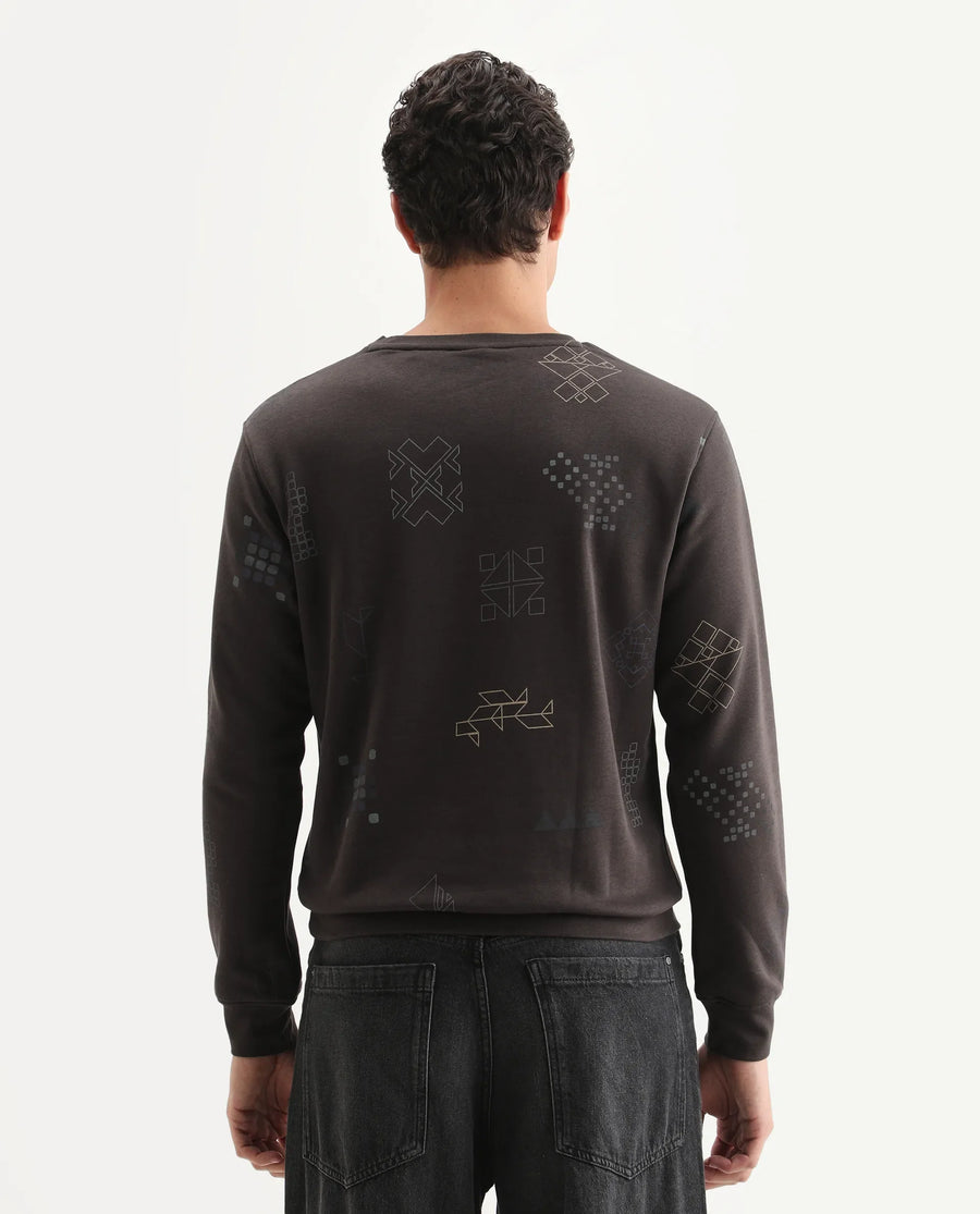 Rare Rabbit Men's Oli Brown Cotton Graphic Print Relaxed Fit Full Sleeve Crew Neck Sweatshirt
