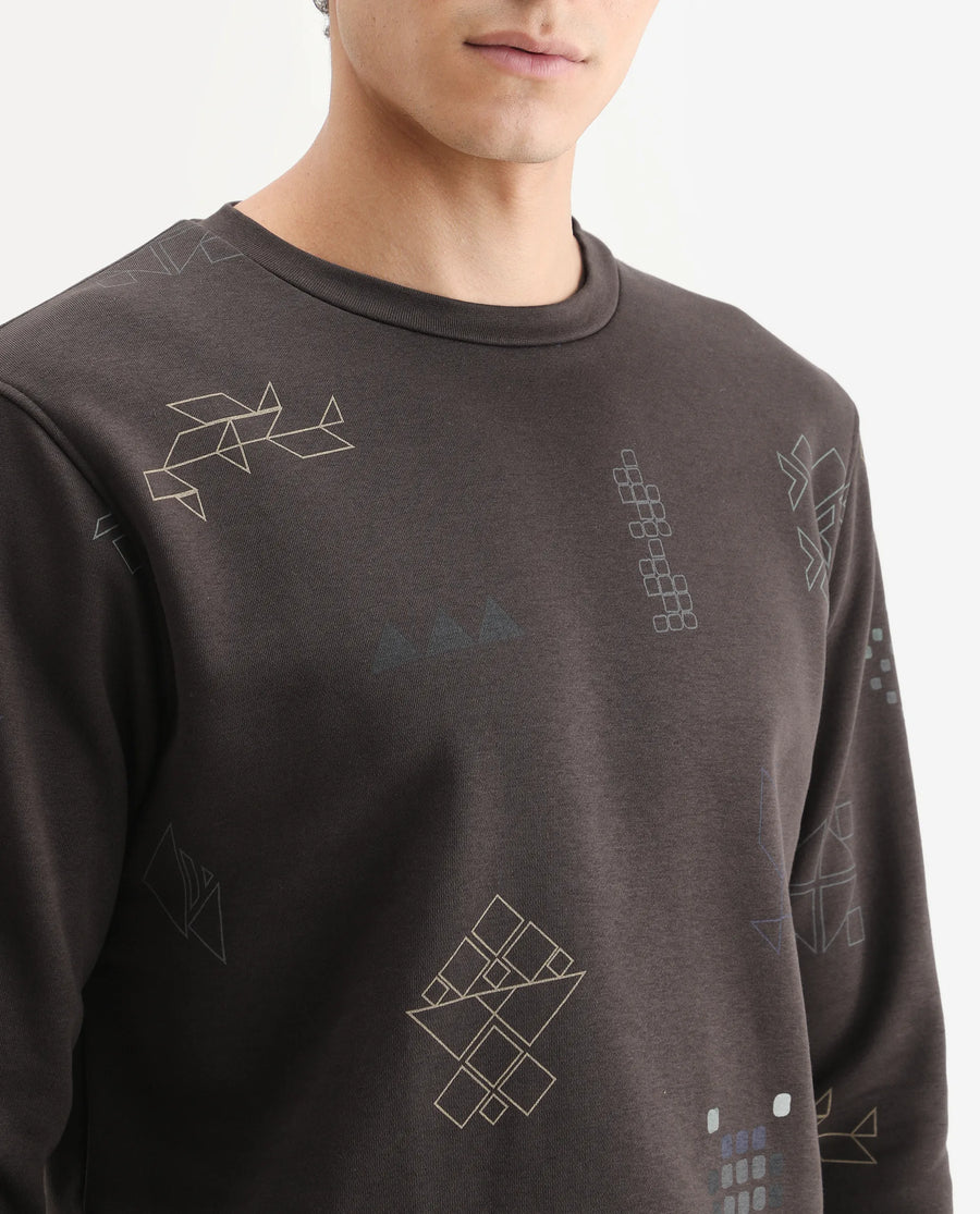 Rare Rabbit Men's Oli Brown Cotton Graphic Print Relaxed Fit Full Sleeve Crew Neck Sweatshirt