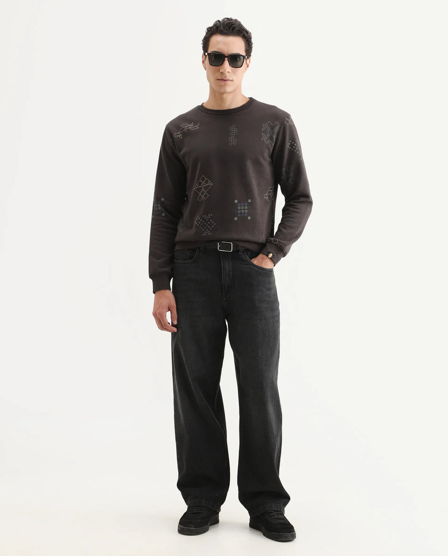 Rare Rabbit Men's Oli Brown Cotton Graphic Print Relaxed Fit Full Sleeve Crew Neck Sweatshirt