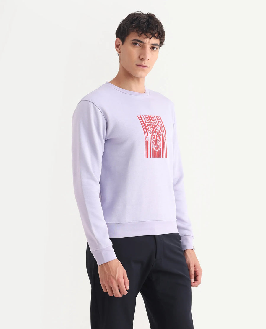 Rare Rabbit Men's Pysde Pastel Purple Cotton Graphic Print Relaxed Fit Full Sleeve Crew Neck Sweatshirt