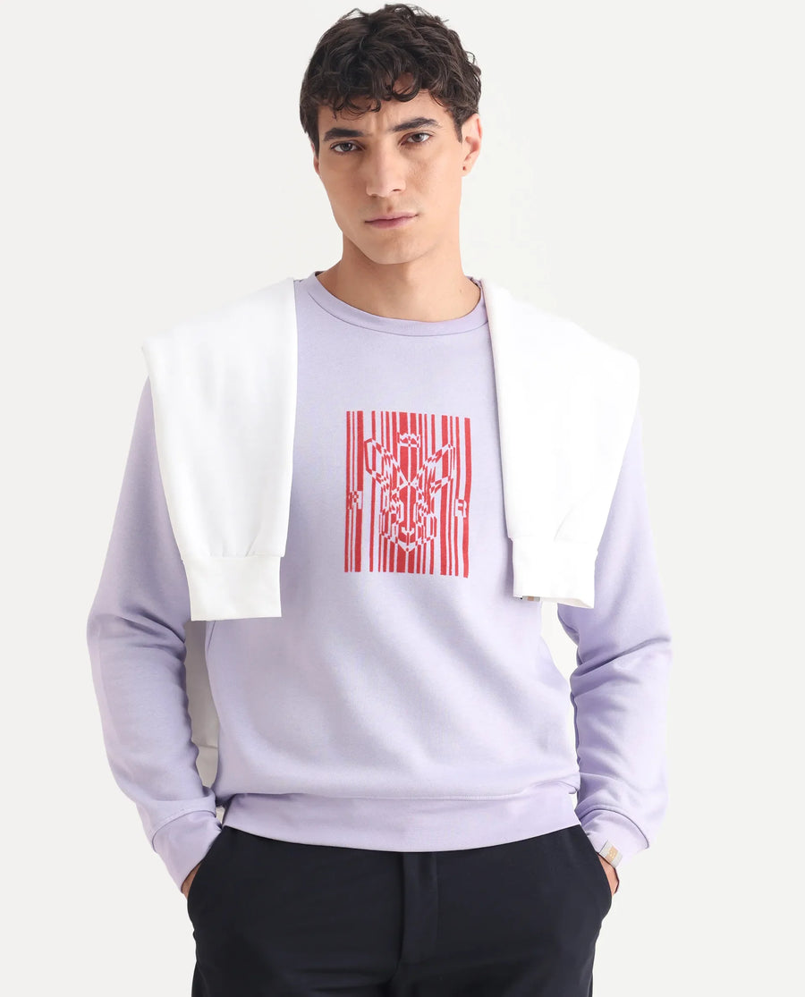 Rare Rabbit Men's Pysde Pastel Purple Cotton Graphic Print Relaxed Fit Full Sleeve Crew Neck Sweatshirt