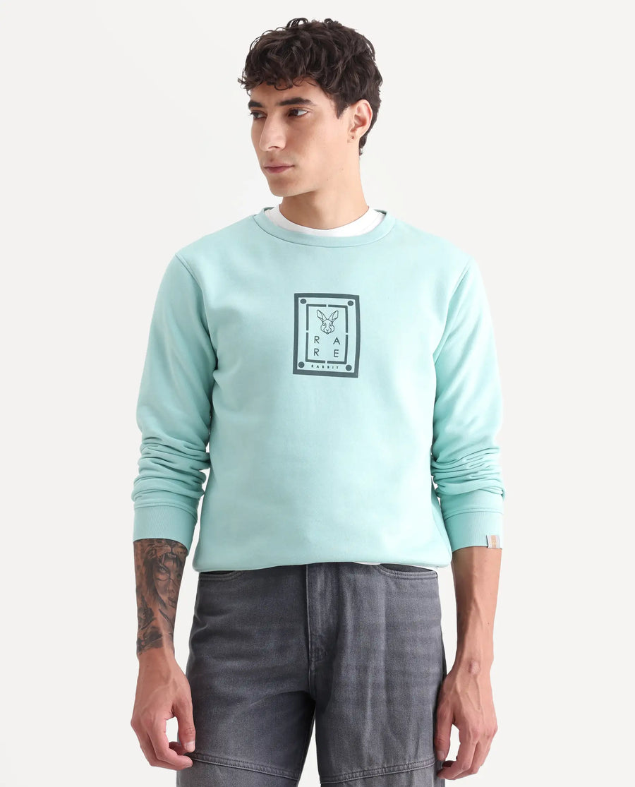 Rare Rabbit Men's Sweeney Light Green Cotton Graphic Print Regular Fit Full Sleeve Crew Neck Sweatshirt