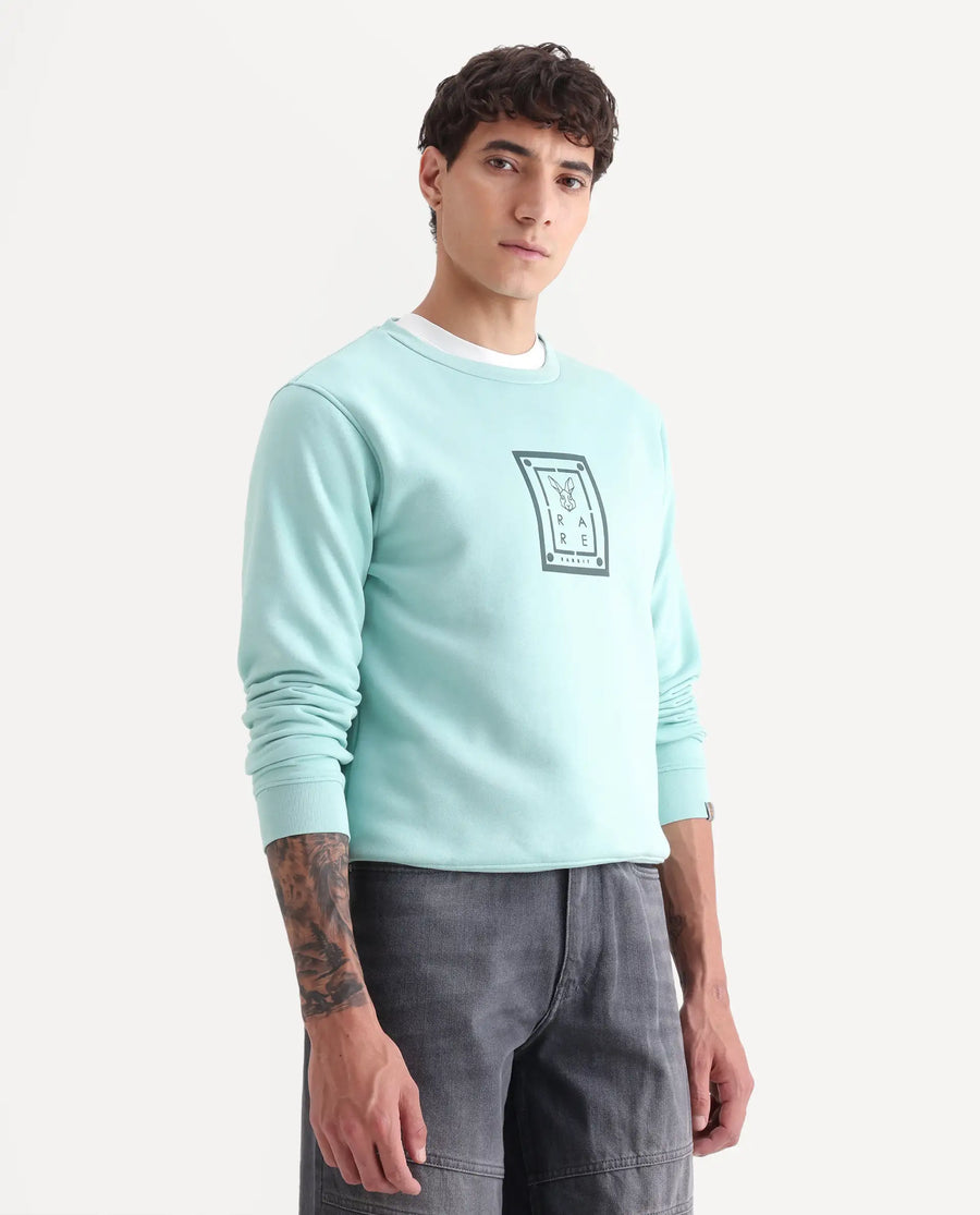 Rare Rabbit Men's Sweeney Light Green Cotton Graphic Print Regular Fit Full Sleeve Crew Neck Sweatshirt