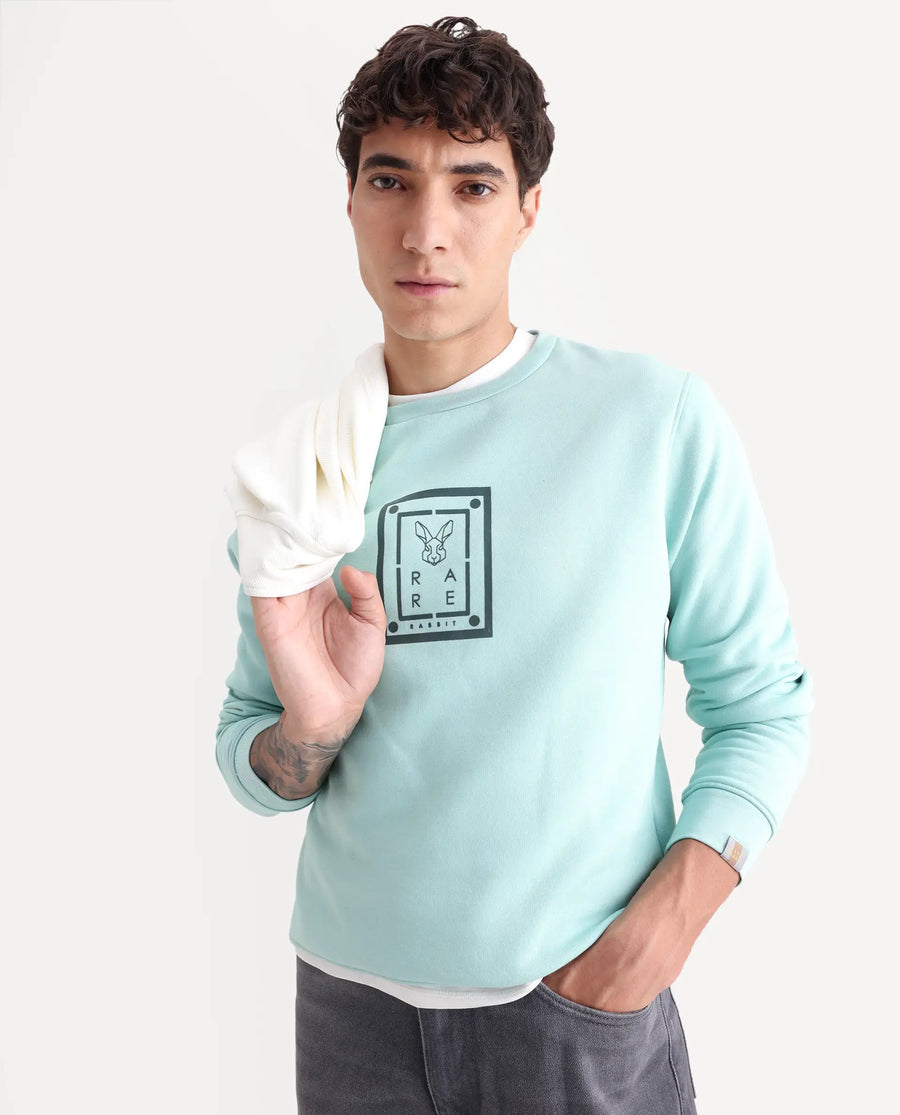 Rare Rabbit Men's Sweeney Light Green Cotton Graphic Print Regular Fit Full Sleeve Crew Neck Sweatshirt