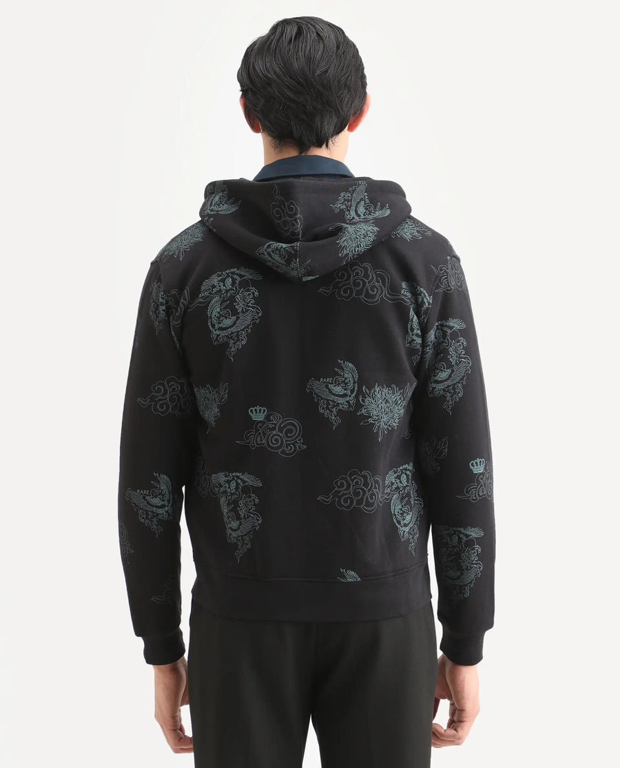 Rare Rabbit Men's Santo Black Cotton Printed Relaxed Fit Full Sleeve Hooded Sweatshirt