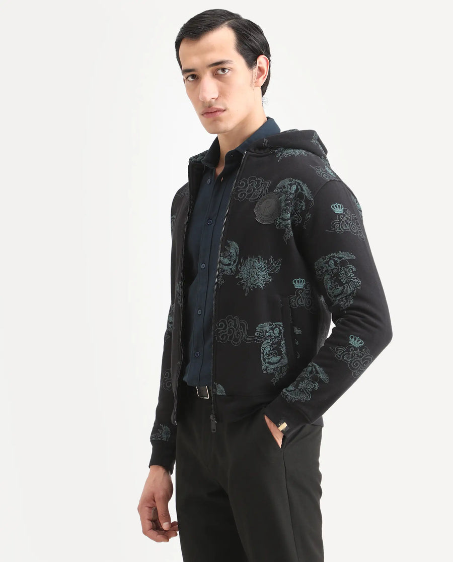 Rare Rabbit Men's Santo Black Cotton Printed Relaxed Fit Full Sleeve Hooded Sweatshirt