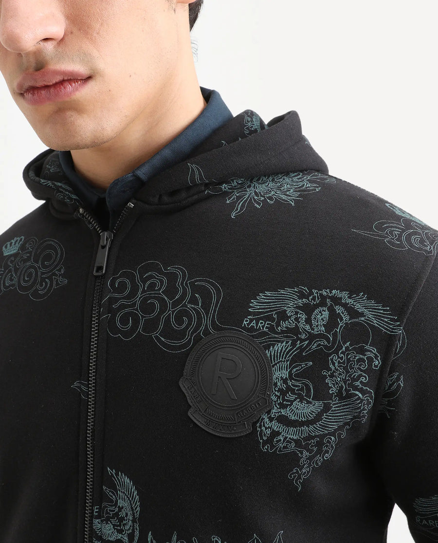 Rare Rabbit Men's Santo Black Cotton Printed Relaxed Fit Full Sleeve Hooded Sweatshirt