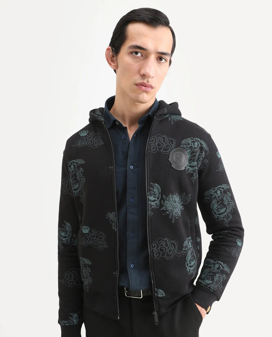 Rare Rabbit Men's Santo Black Cotton Printed Relaxed Fit Full Sleeve Hooded Sweatshirt