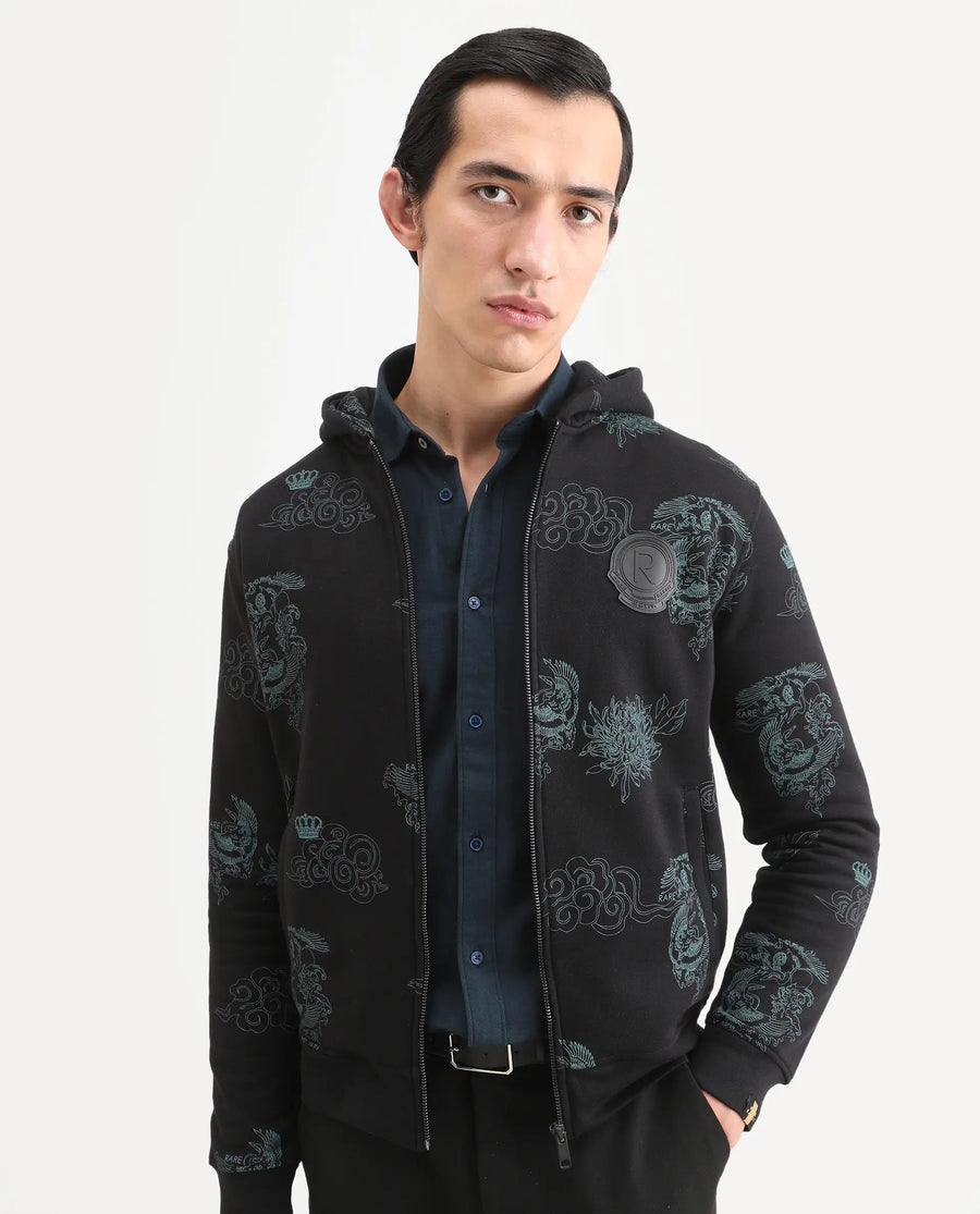 Rare Rabbit Men's Santo Black Cotton Printed Relaxed Fit Full Sleeve Hooded Sweatshirt
