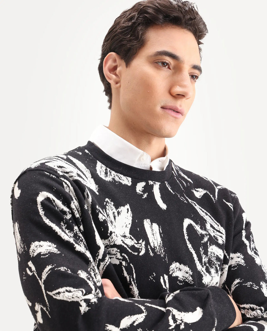 Rare Rabbit Men's Thalora Black Cotton Floral Print Regular Fit Full Sleeve Crew Neck Sweatshirt