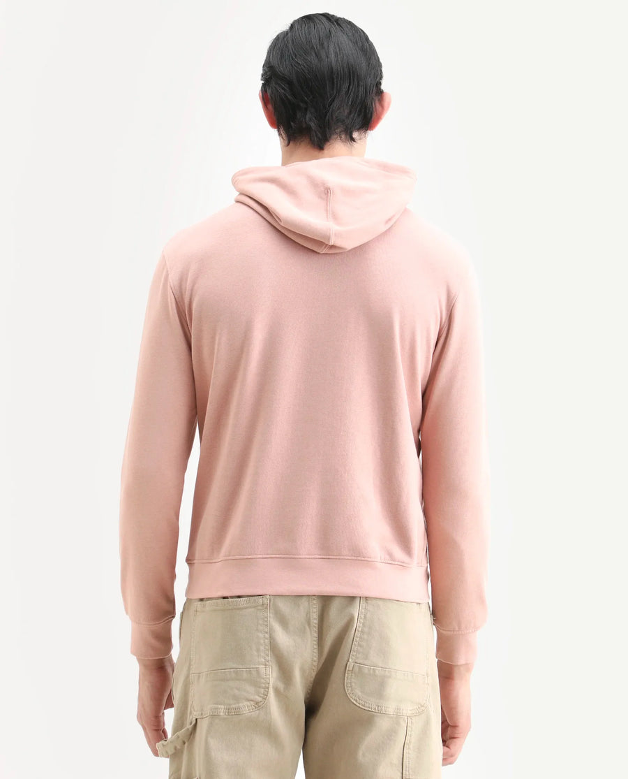 Rare Rabbit Men's Mile Peach Cotton Graphic Print Regular Fit Full Sleeve Hooded Sweatshirt