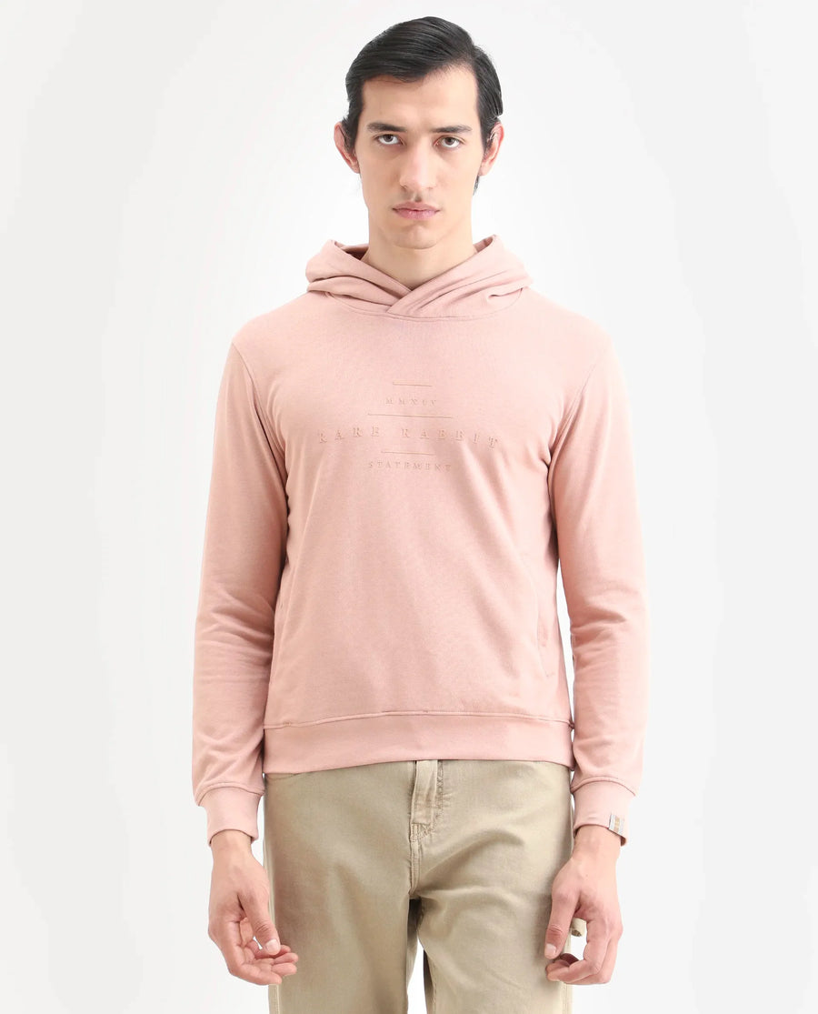 Rare Rabbit Men's Mile Peach Cotton Graphic Print Regular Fit Full Sleeve Hooded Sweatshirt