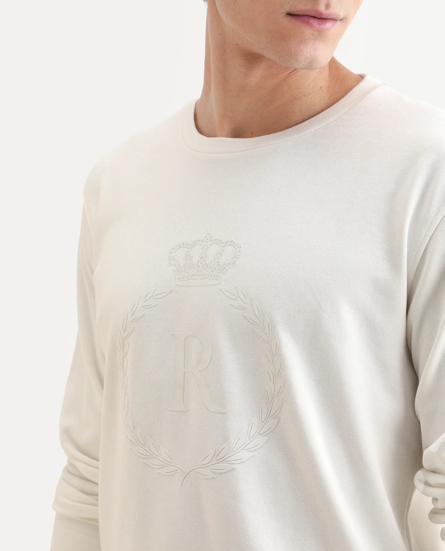 Rare Rabbit Men's Staple Off White Cotton Graphic Print Regular Fit Full Sleeve Crew Neck Sweatshirt