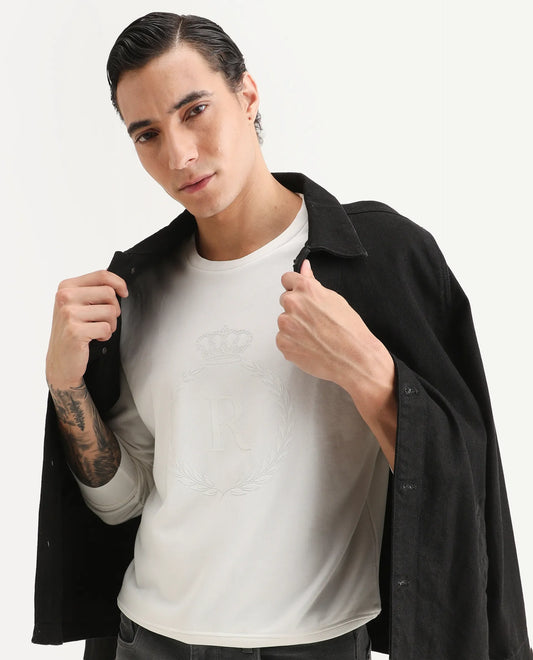 Rare Rabbit Men's Staple Off White Cotton Graphic Print Regular Fit Full Sleeve Crew Neck Sweatshirt