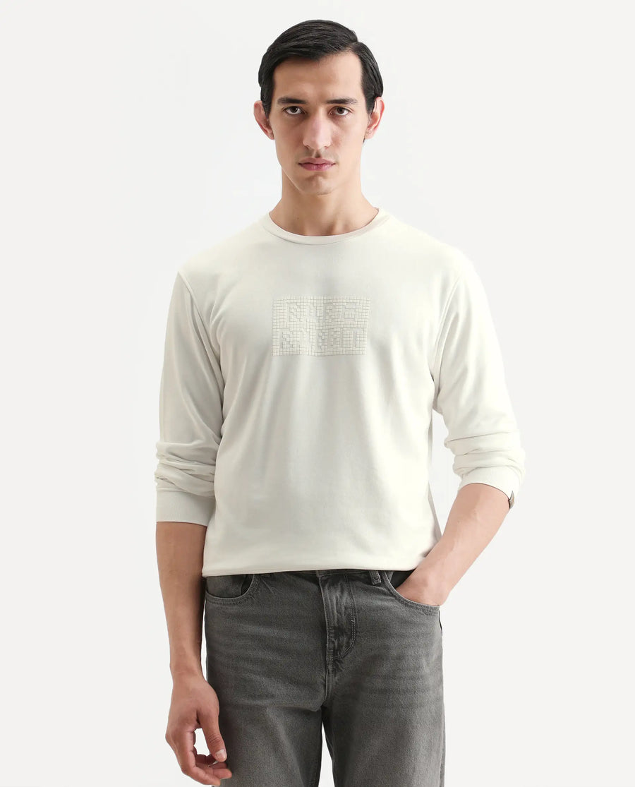 Rare Rabbit Men's Seven Off White Cotton Graphic Print Regular Fit Full Sleeve Crew Neck Sweatshirt