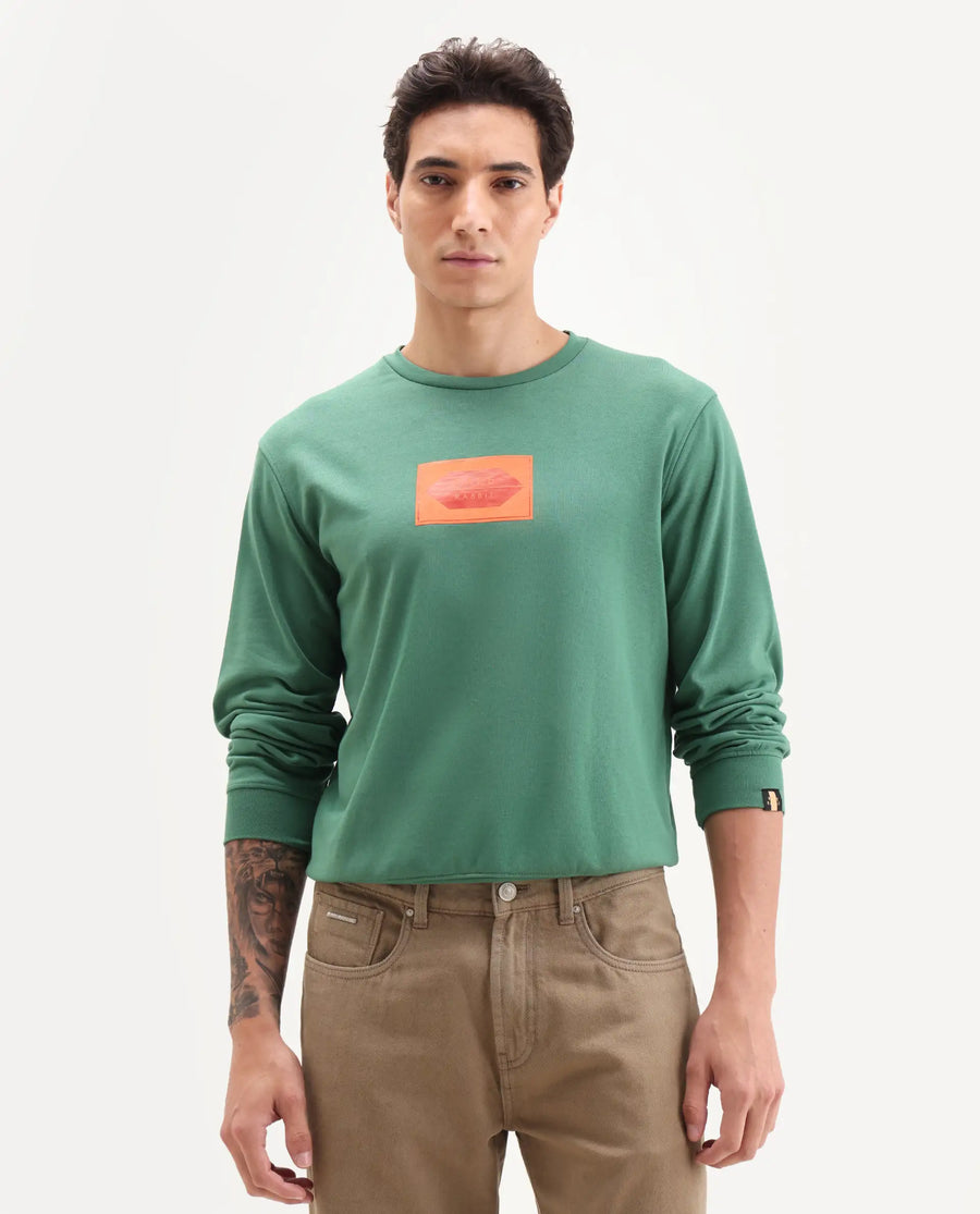 Rare Rabbit Men's Pectin Green Cotton Graphic Print Regular Fit Full Sleeve Crew Neck Sweatshirt