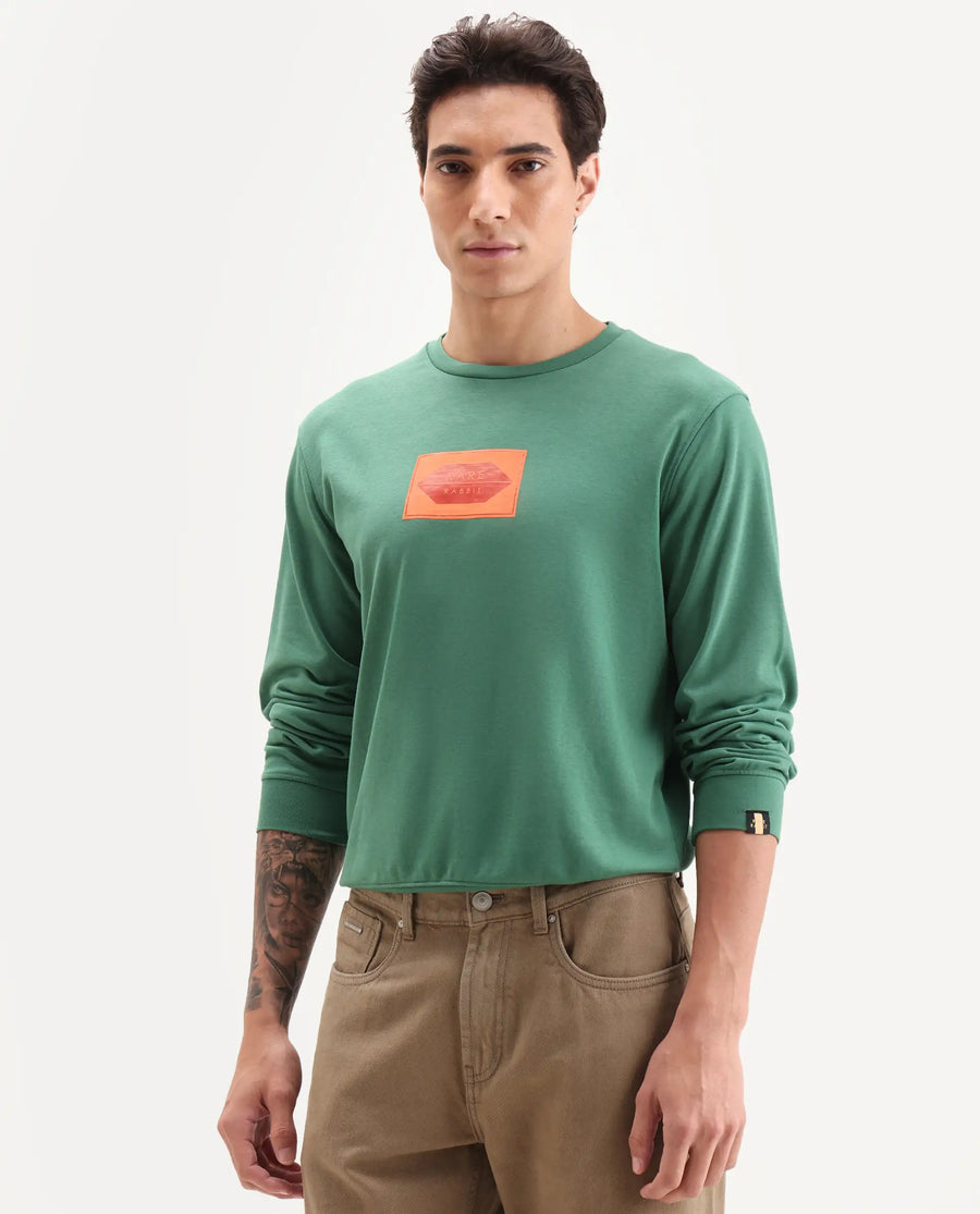 Rare Rabbit Men's Pectin Green Cotton Graphic Print Regular Fit Full Sleeve Crew Neck Sweatshirt