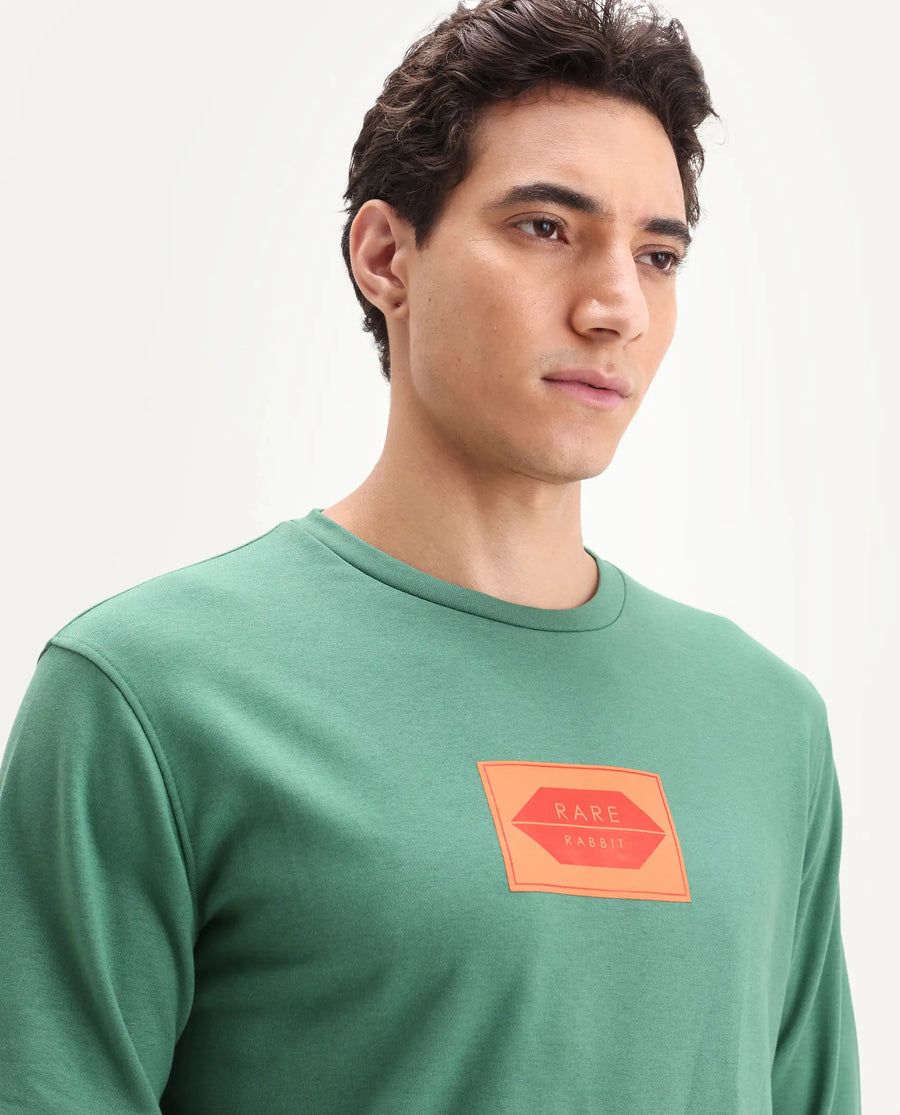 Rare Rabbit Men's Pectin Green Cotton Graphic Print Regular Fit Full Sleeve Crew Neck Sweatshirt