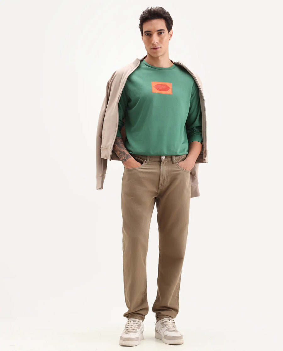 Rare Rabbit Men's Pectin Green Cotton Graphic Print Regular Fit Full Sleeve Crew Neck Sweatshirt