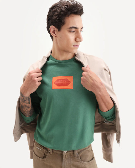 Rare Rabbit Men's Pectin Green Cotton Graphic Print Regular Fit Full Sleeve Crew Neck Sweatshirt