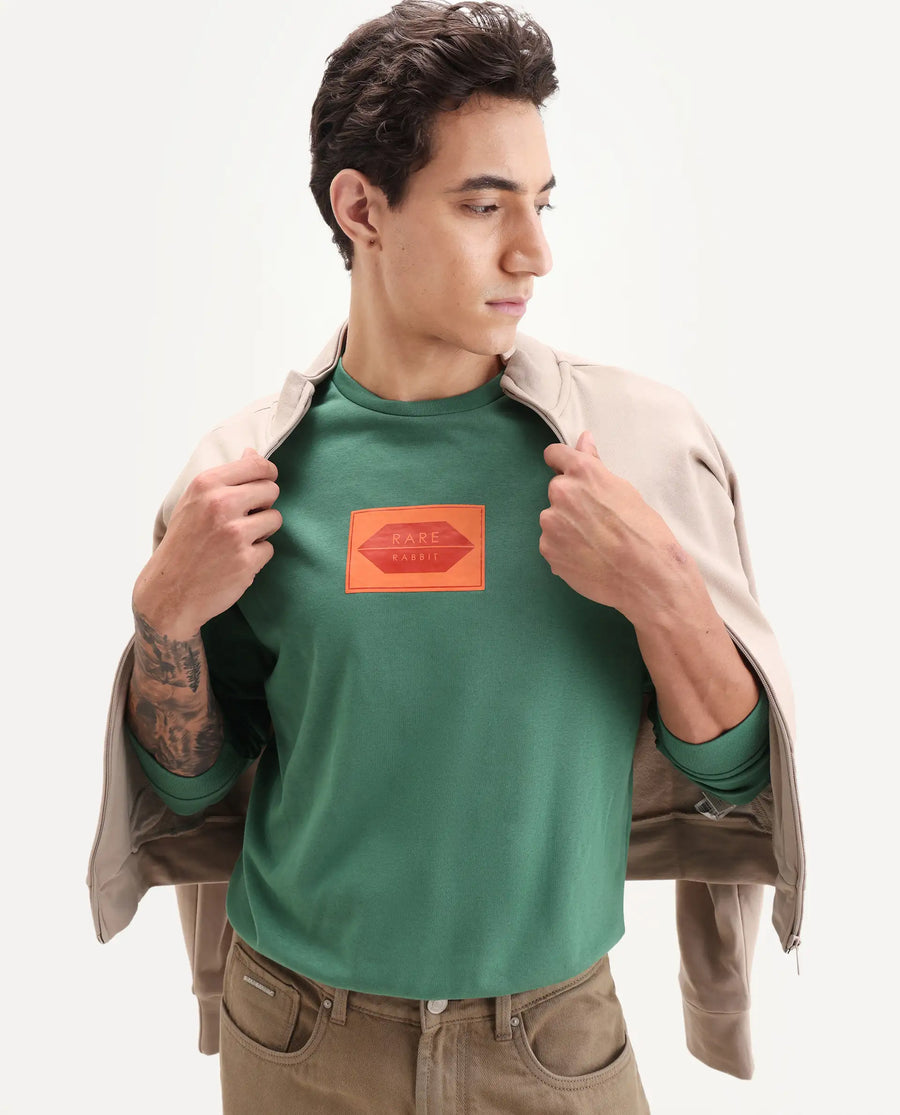 Rare Rabbit Men's Pectin Green Cotton Graphic Print Regular Fit Full Sleeve Crew Neck Sweatshirt