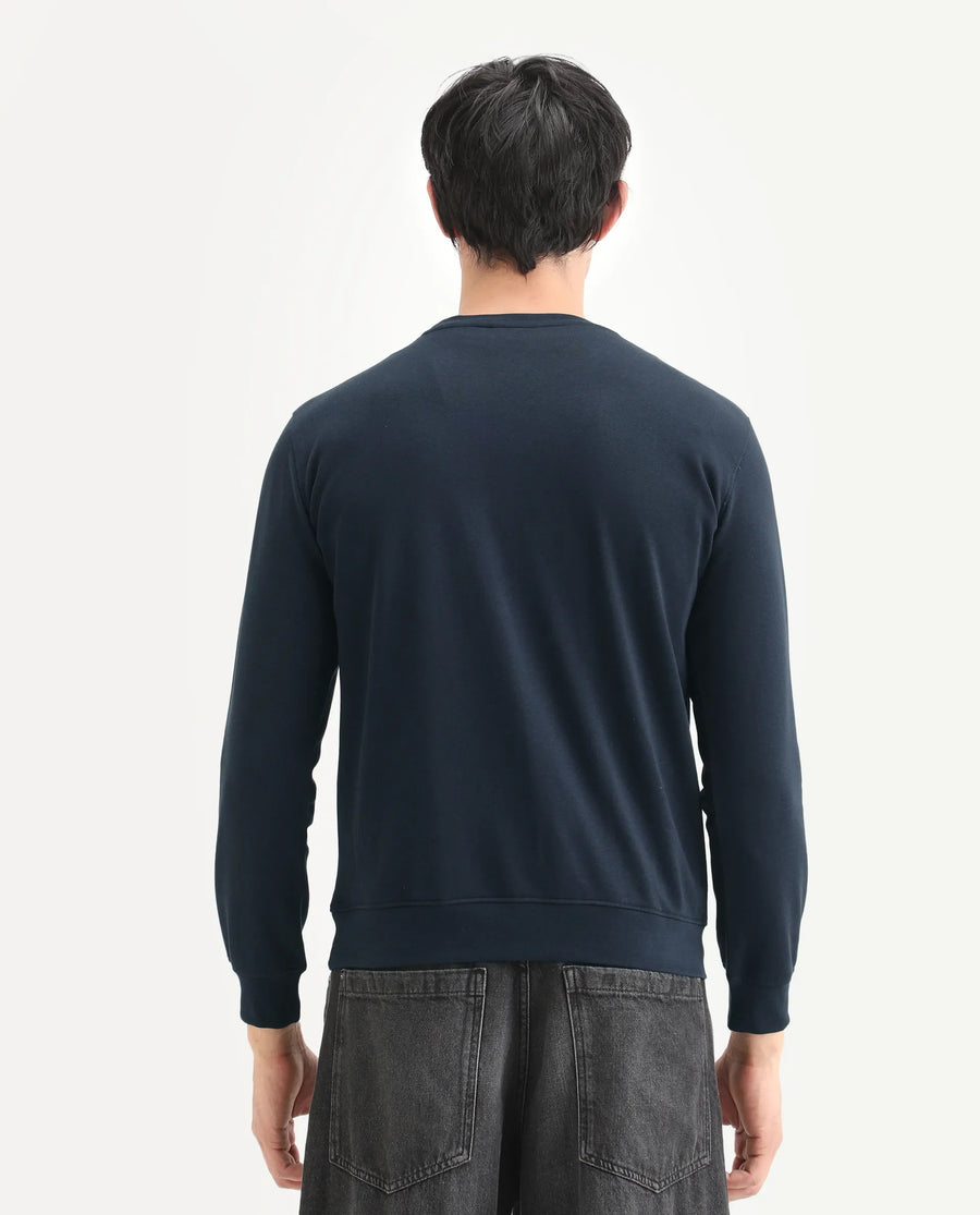 Rare Rabbit Men's Drato Navy Cotton Graphic Print Regular Fit Full Sleeve Crew Neck Sweatshirt