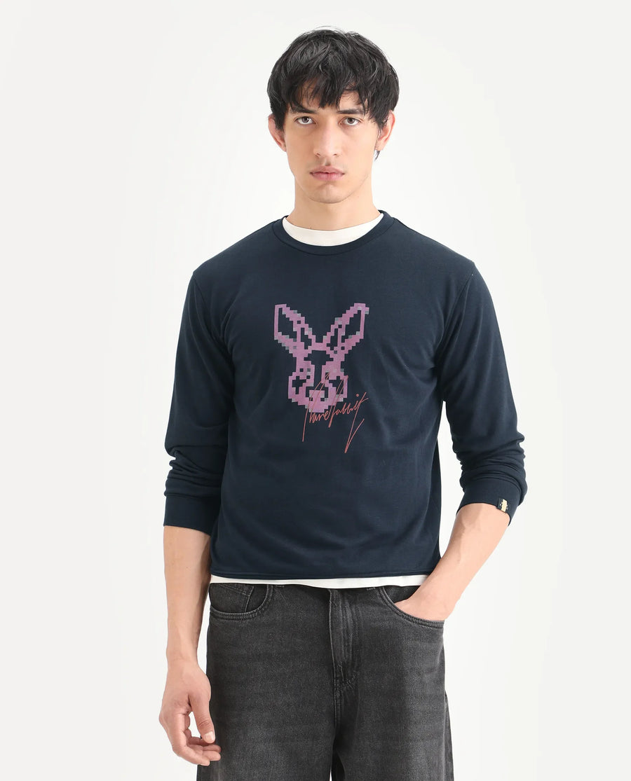 Rare Rabbit Men's Drato Navy Cotton Graphic Print Regular Fit Full Sleeve Crew Neck Sweatshirt
