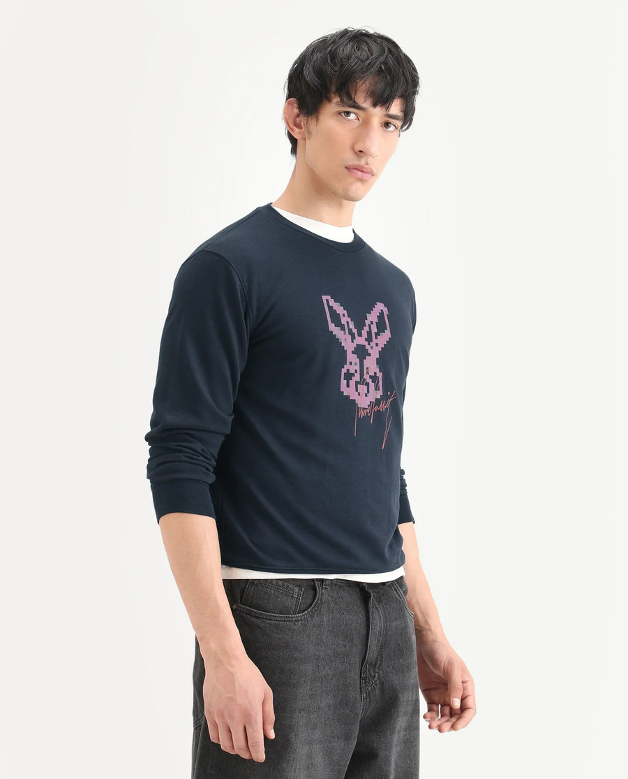 Rare Rabbit Men's Drato Navy Cotton Graphic Print Regular Fit Full Sleeve Crew Neck Sweatshirt