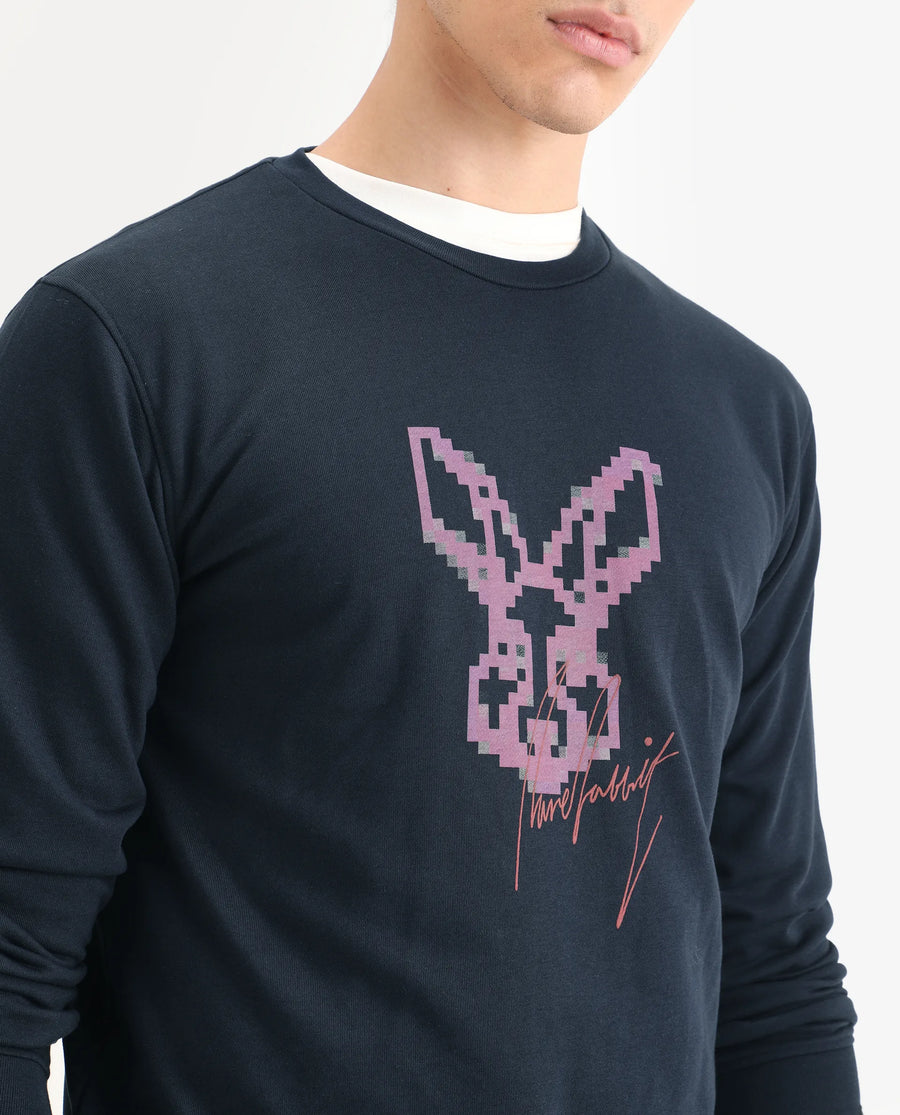 Rare Rabbit Men's Drato Navy Cotton Graphic Print Regular Fit Full Sleeve Crew Neck Sweatshirt