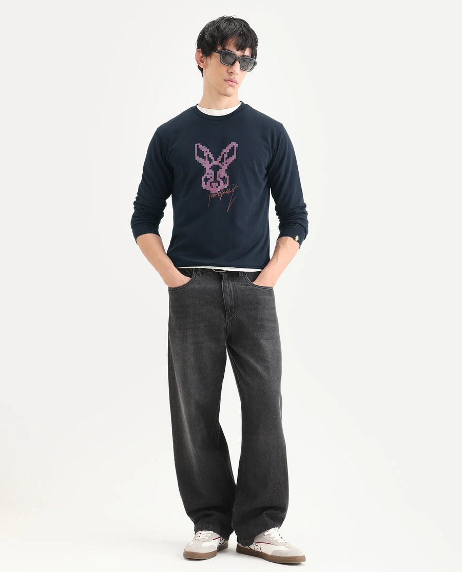 Rare Rabbit Men's Drato Navy Cotton Graphic Print Regular Fit Full Sleeve Crew Neck Sweatshirt