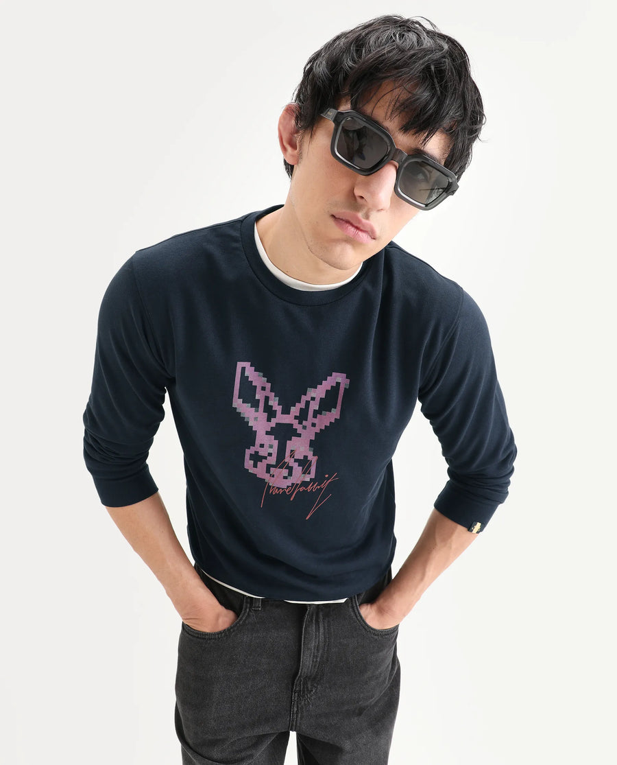 Rare Rabbit Men's Drato Navy Cotton Graphic Print Regular Fit Full Sleeve Crew Neck Sweatshirt