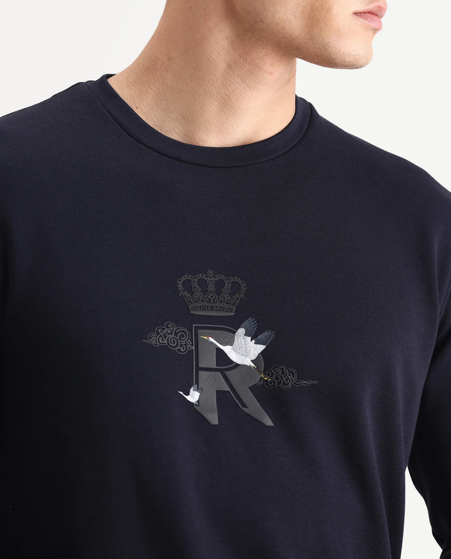 Rare Rabbit Men's August Navy Cotton Graphic Print Regular Fit Full Sleeve Crew Neck Sweatshirt