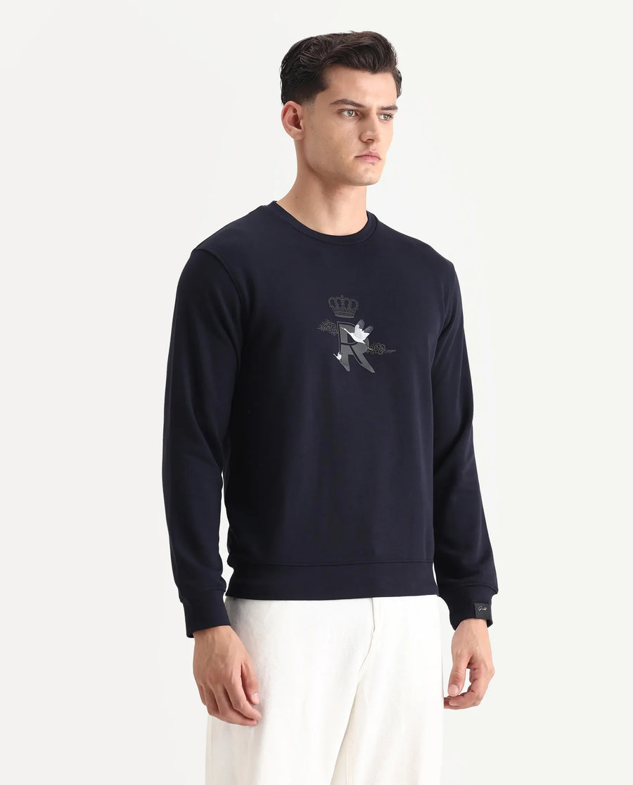 Rare Rabbit Men's August Navy Cotton Graphic Print Regular Fit Full Sleeve Crew Neck Sweatshirt
