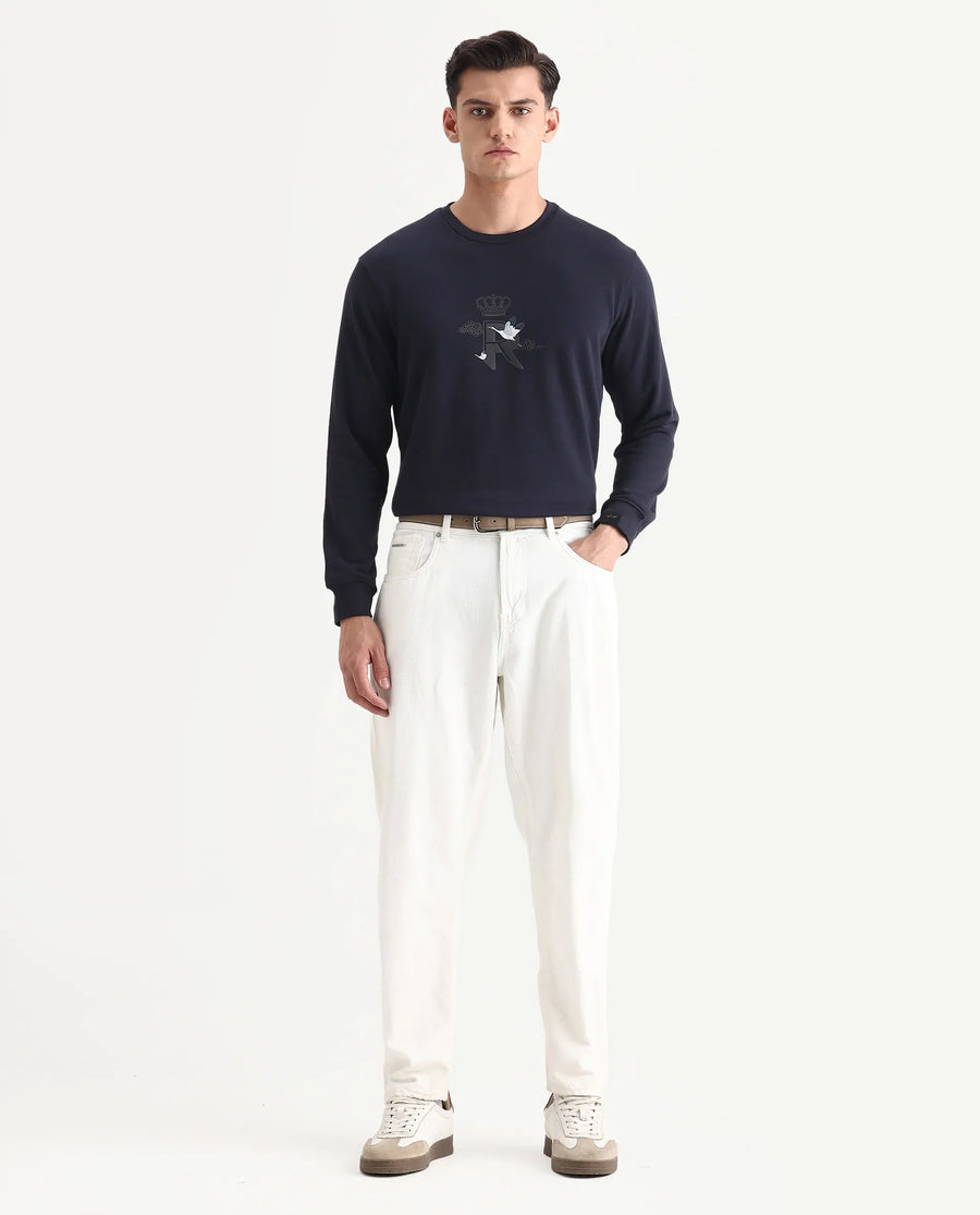 Rare Rabbit Men's August Navy Cotton Graphic Print Regular Fit Full Sleeve Crew Neck Sweatshirt