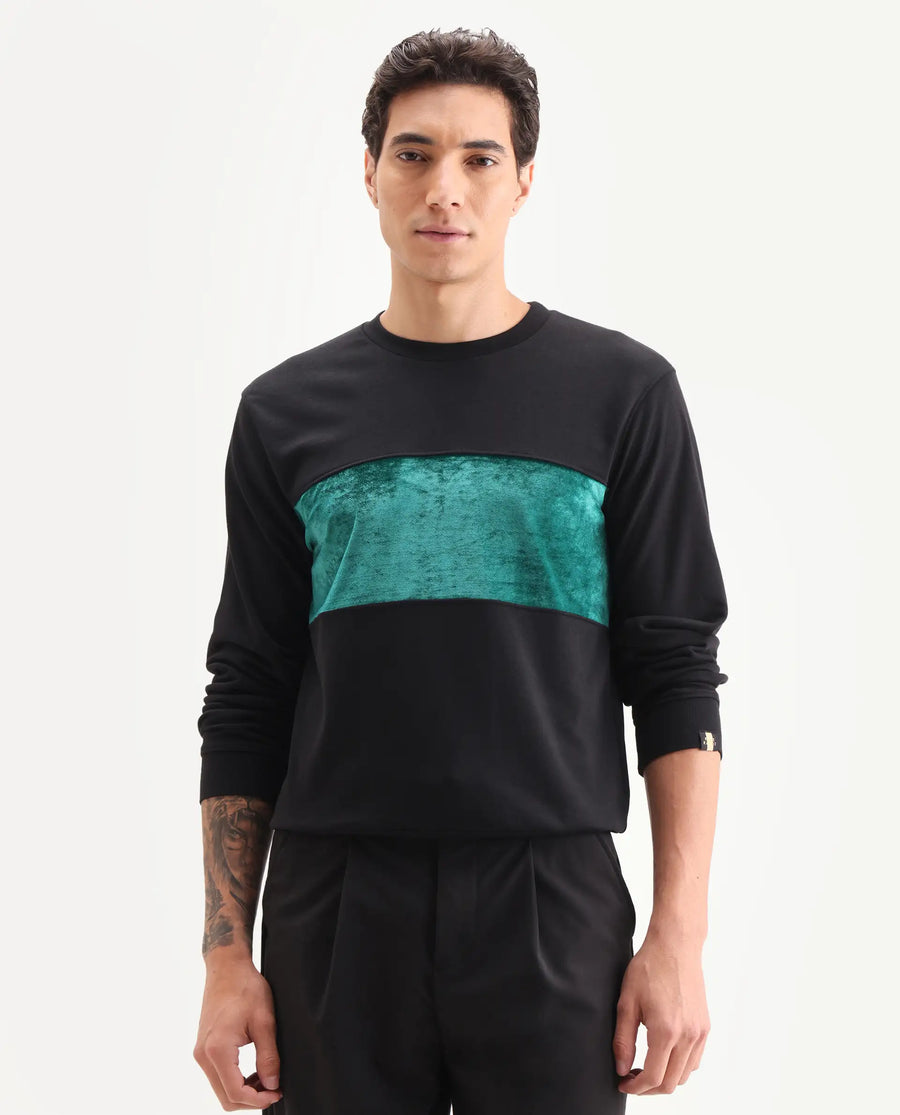Rare Rabbit Men's Tide Black Velvet Ombre Regular Fit Full Sleeve Crew Neck Sweatshirt