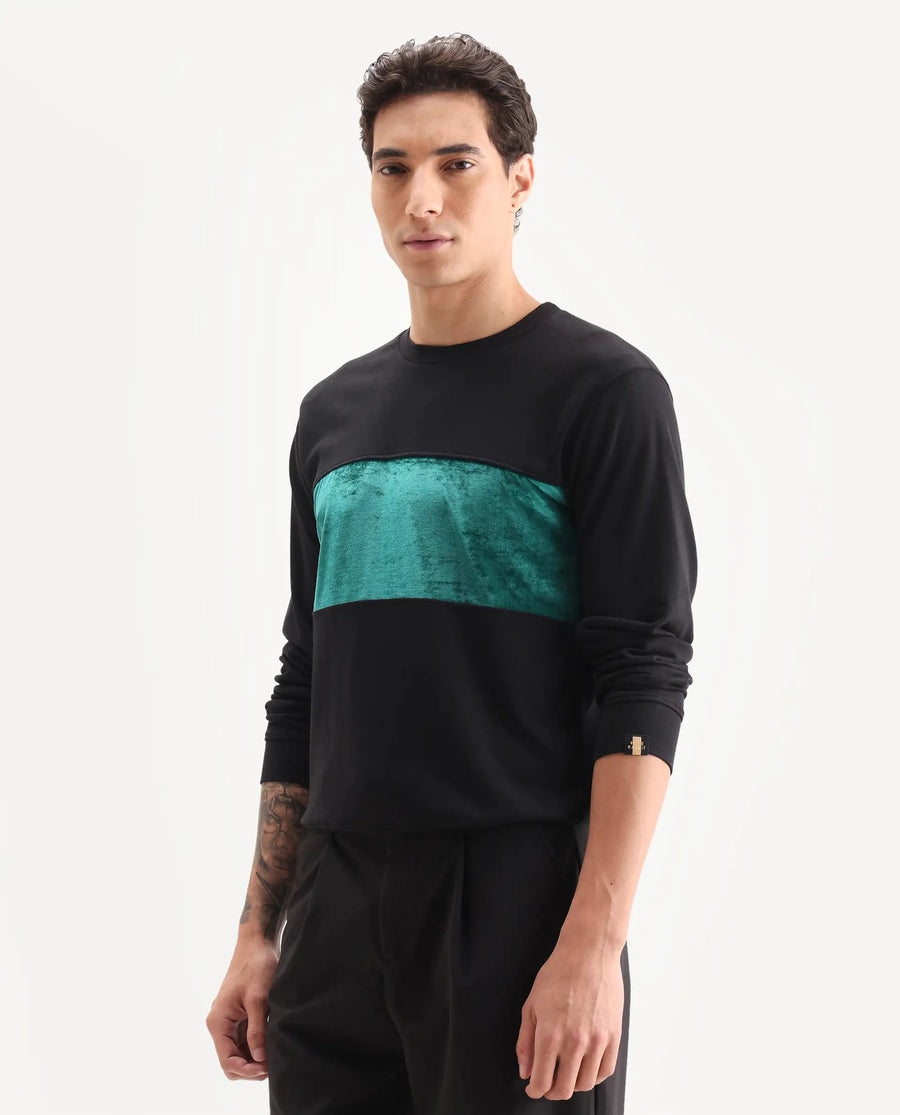 Rare Rabbit Men's Tide Black Velvet Ombre Regular Fit Full Sleeve Crew Neck Sweatshirt