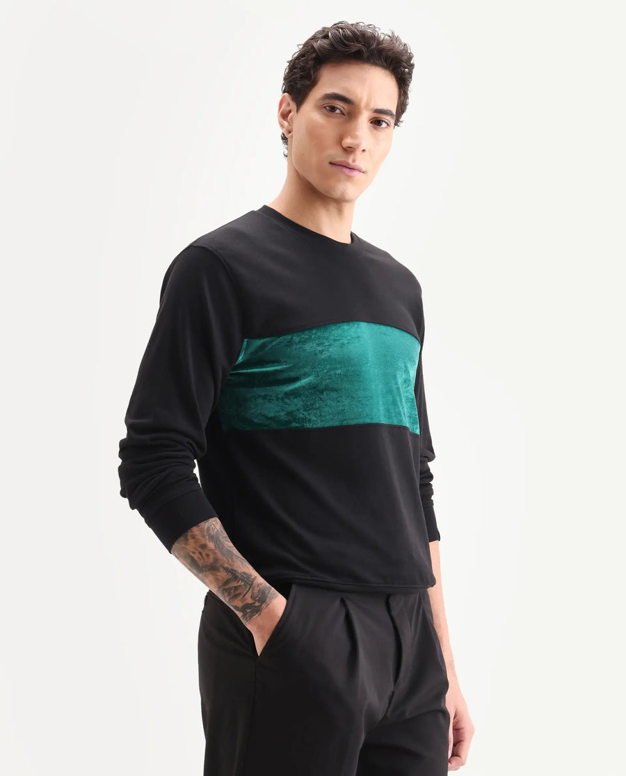 Rare Rabbit Men's Tide Black Velvet Ombre Regular Fit Full Sleeve Crew Neck Sweatshirt